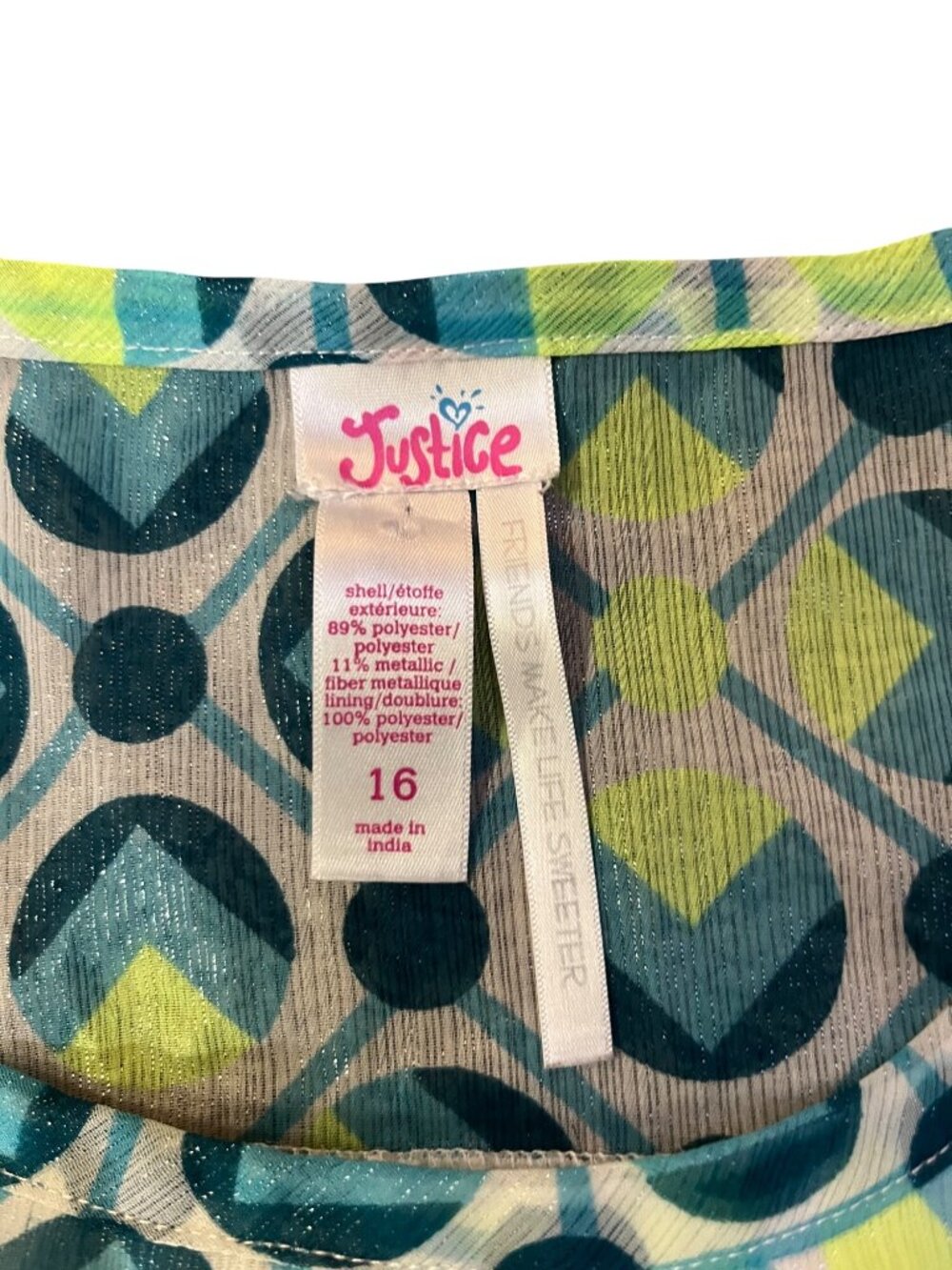 Justice Girls 16 Sleeveless Tiered Blouse Blue Lime Shimmer Ruffle Top Used - Picture 14 of 16